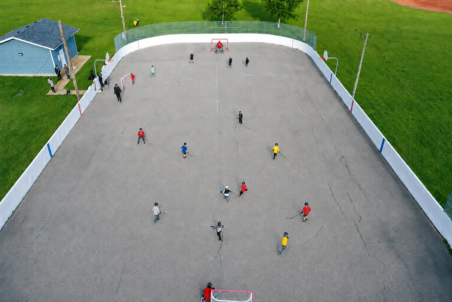 Aerial view of ball hockey game at the outdoor rink